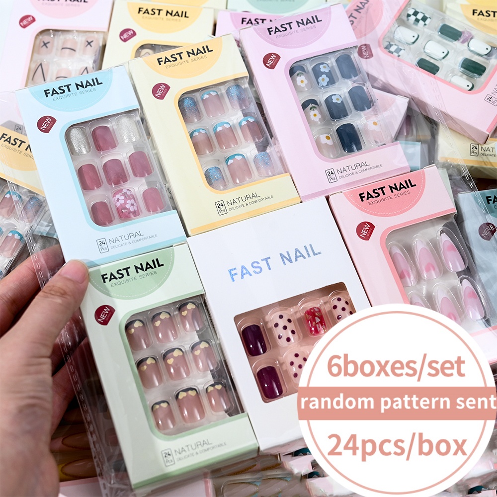 Nail Art Aesthetic - 6箱セット ショートスクエアフェイクネイル ラブデザイン プレスオンネイル ミックススタイル ランダムパターン