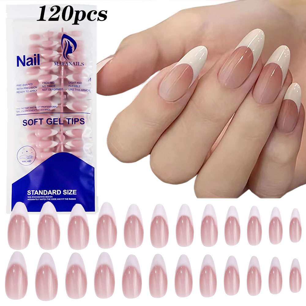Nail Art Aesthetic - フレンチピンクの偽の爪,ミディアムアーモンド,グラデーションデザイン,白,フルカバー,アクリルジェル,120個