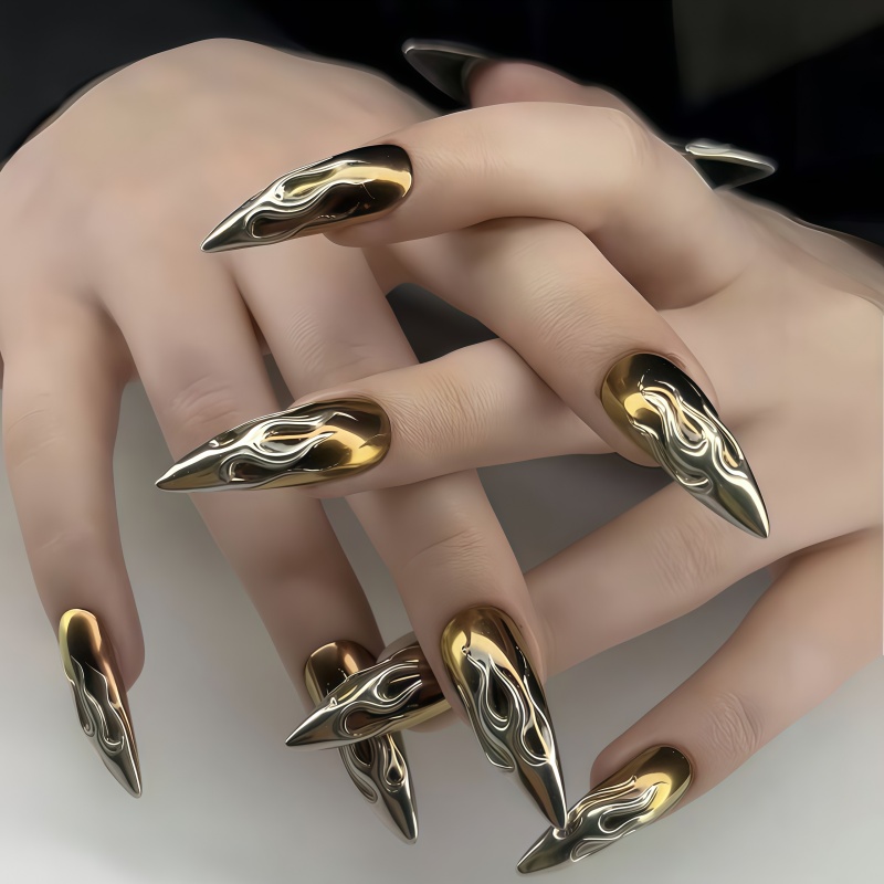 Nail Glitter Chrome - 24枚入り 3Dクロームシルバーゴールド フレイムスティレット つけ爪 メタリックミラー効果 再利用可能