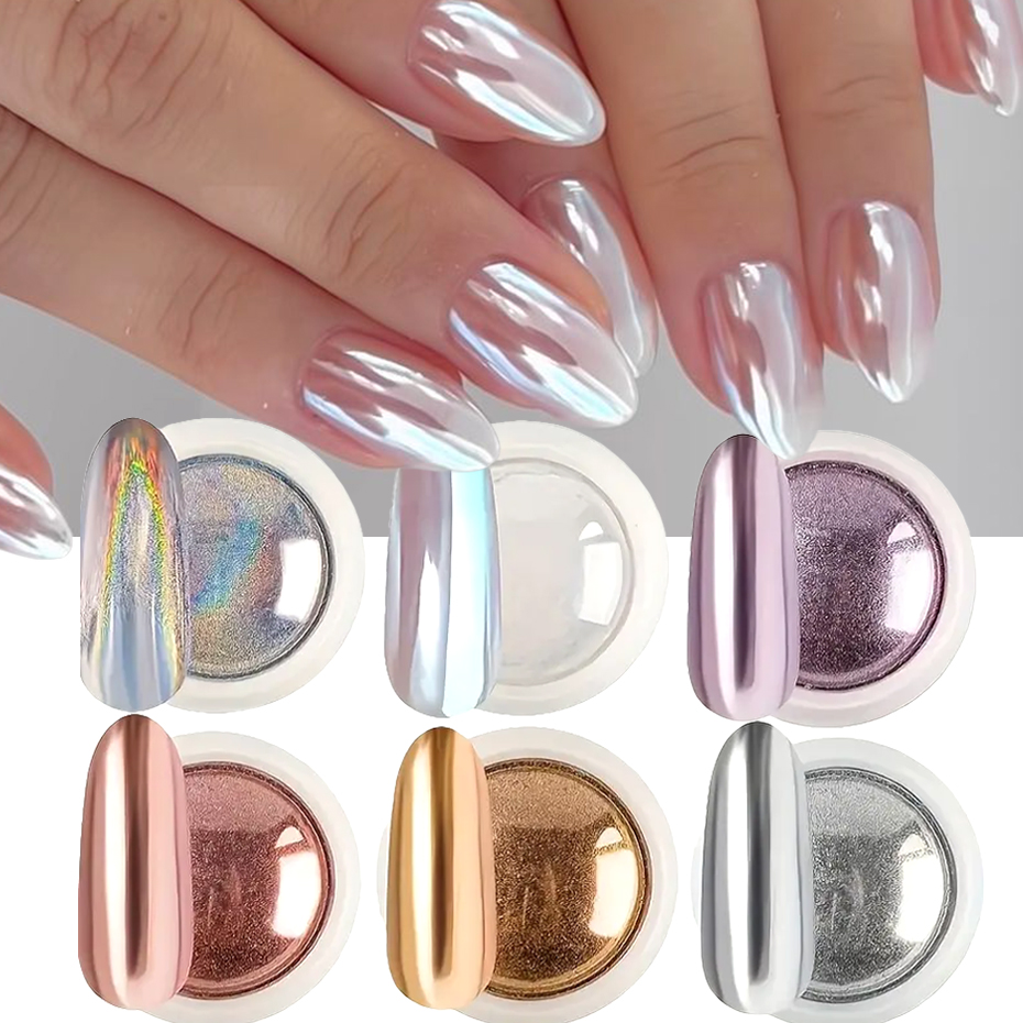 Nail Glitter Chrome - 6個入り クロームミラーホワイトネイルパウダー顔料 ゴールドシルバー ラビングホログラフィックオーロラ虹色メタリックネイルアートパワーデコレーション