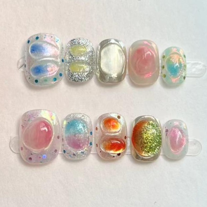 Nail Art Gliter - 10 個かわいいショートラウンド手作りフェイクネイルグリッターカラフルな 3D スイートクールアート完成ネイル女の子のためのウェアラブルフルカバープレスオン