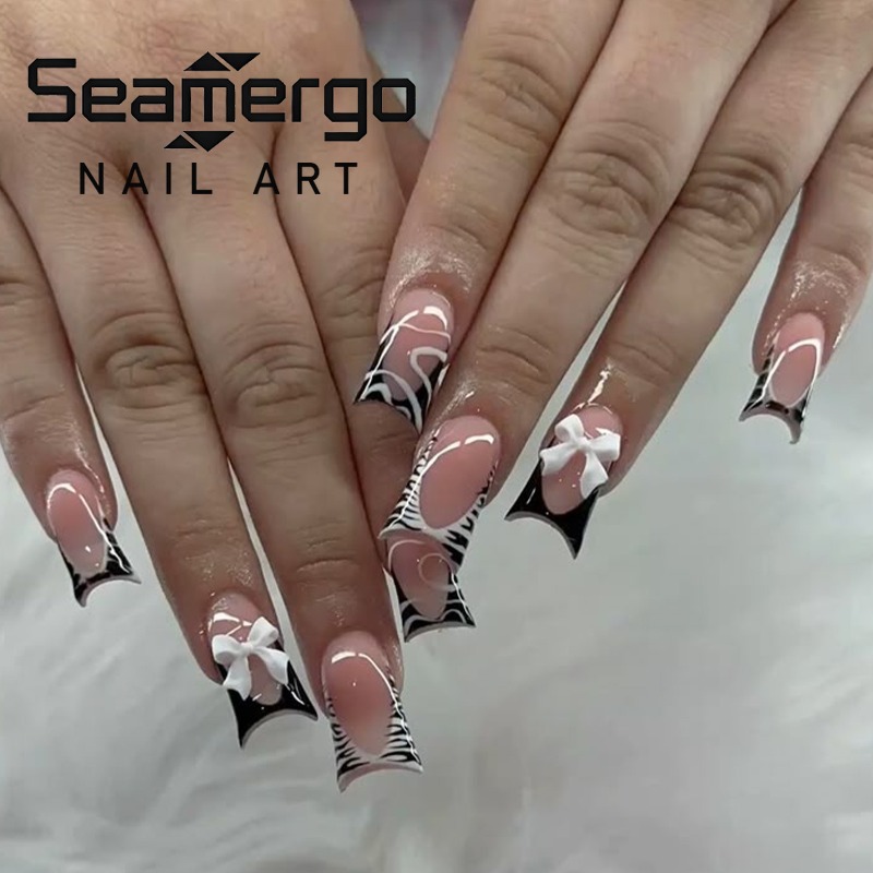 Nail Art Zebra - 24枚入り シンプルブラックダックビルつけ爪 スイートクールゼブラ柄 3Dリボン付きプレスオンダックネイル 高品質フェイクネイルチップ