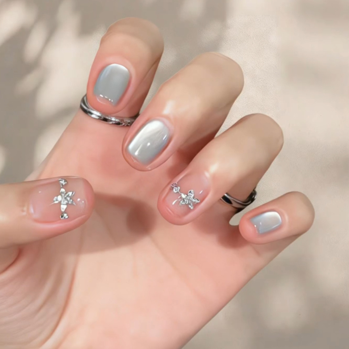 Nail Art Gliter - 24個入り キャッツアイ シンプル グリッターネイルチップ ダイヤモンドフラワーデコレーション ヌード