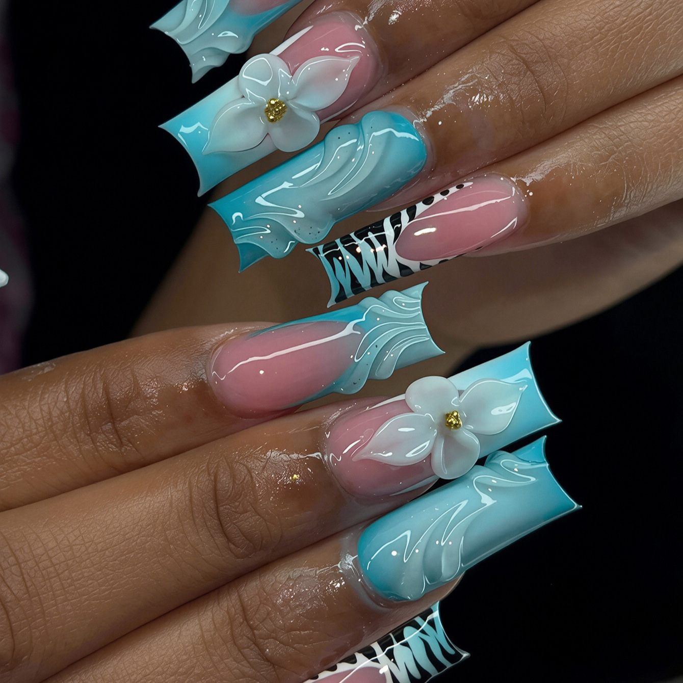 Nail Art Zebra - 24枚入り ブルーグラデーション フレンチスタイル ロングスクエアデザイン アクリル製 ウェーブ