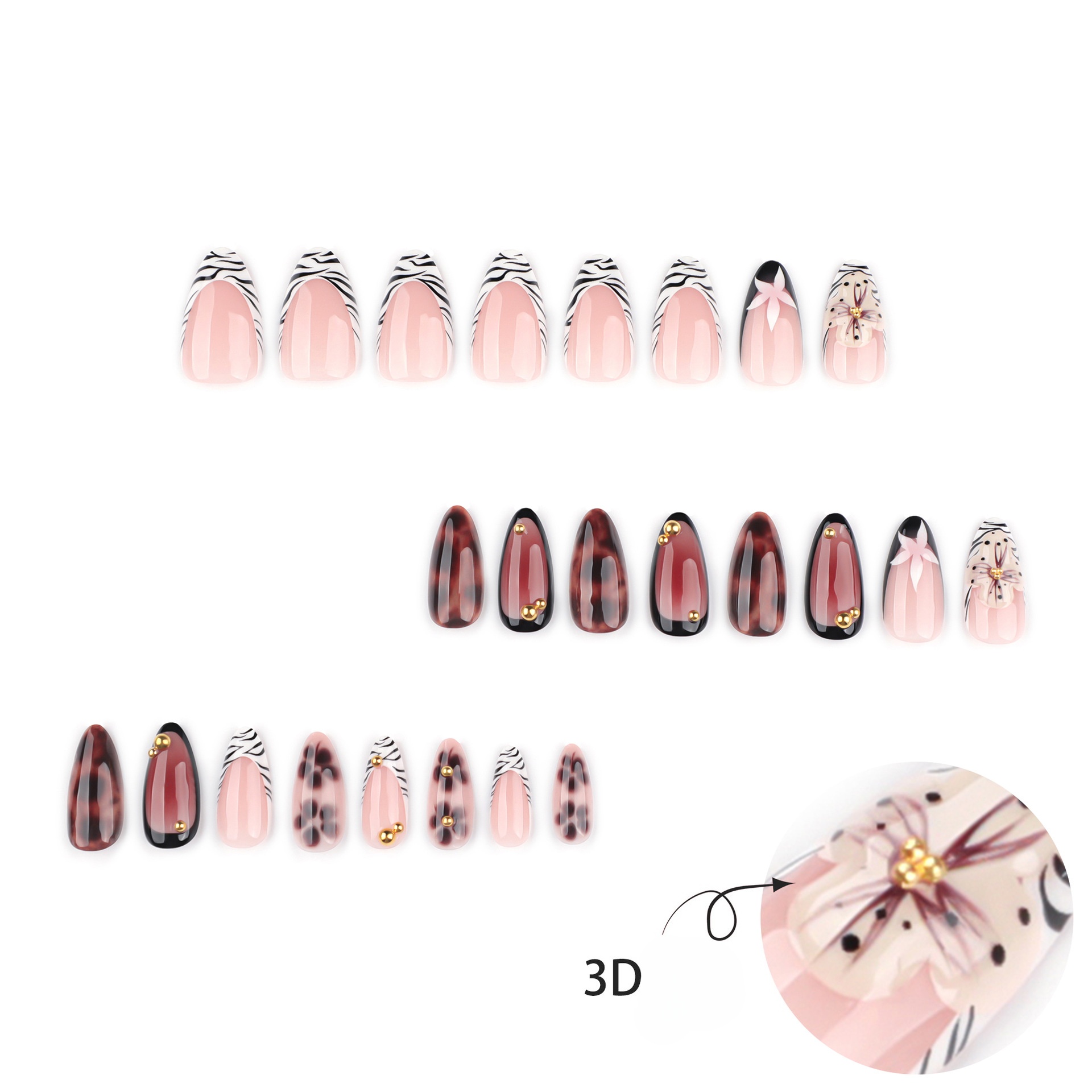 24 個フレンチゼブラプリントフェイクネイル 3D フローラ - Nail Art Zebra のレビューと価格