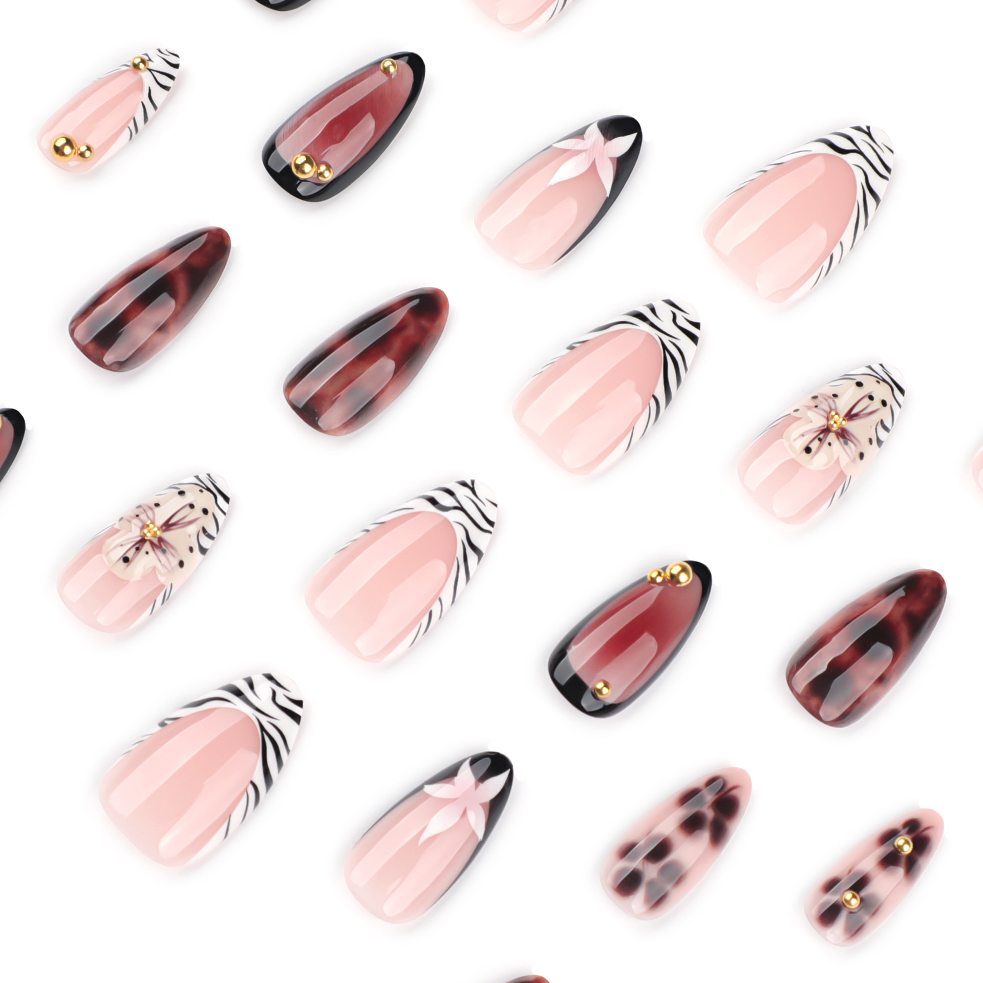24 個フレンチゼブラプリントフェイクネイル 3D フローラ - Nail Art Zebra のレビューと価格