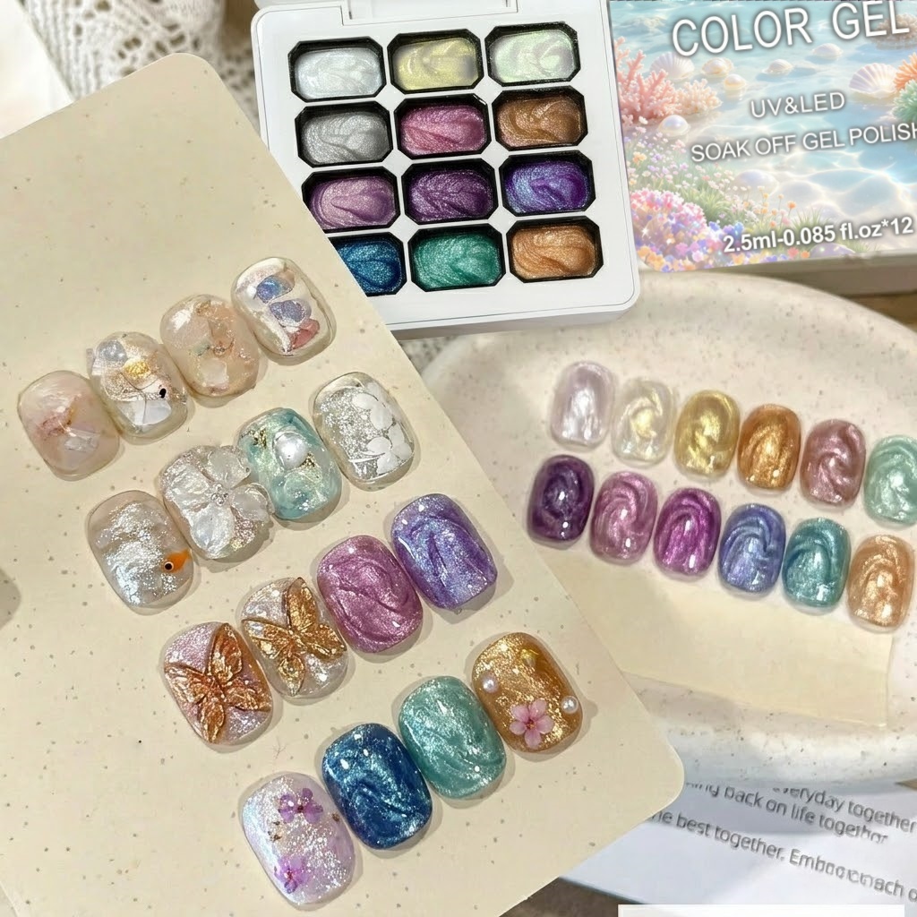 12色オーロラソリッドネイルジェルセット、クロームグリッター - Nail Glitter Chrome のレビューと価格