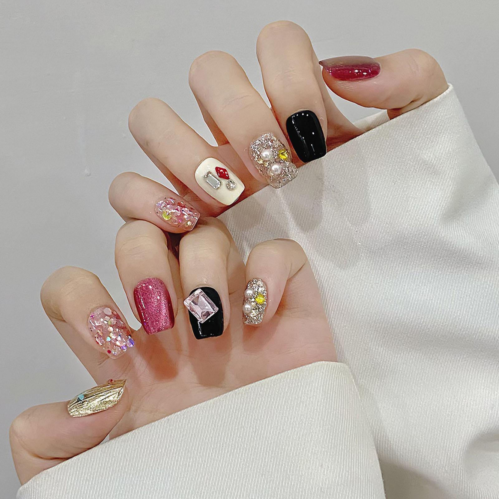 手作りのフェイクネイル,ピンクのスパンコール,猫の目,光沢の - Nail Art Gliter のレビューと価格